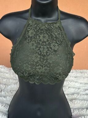 Gilly Hicks Olive Lace halter Crop Top Small